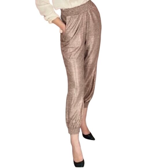 NWOT Anthropologie Melora Metallic Elastic Stretch Jogger Pants Dark Pink Size M - Picture 1 of 5